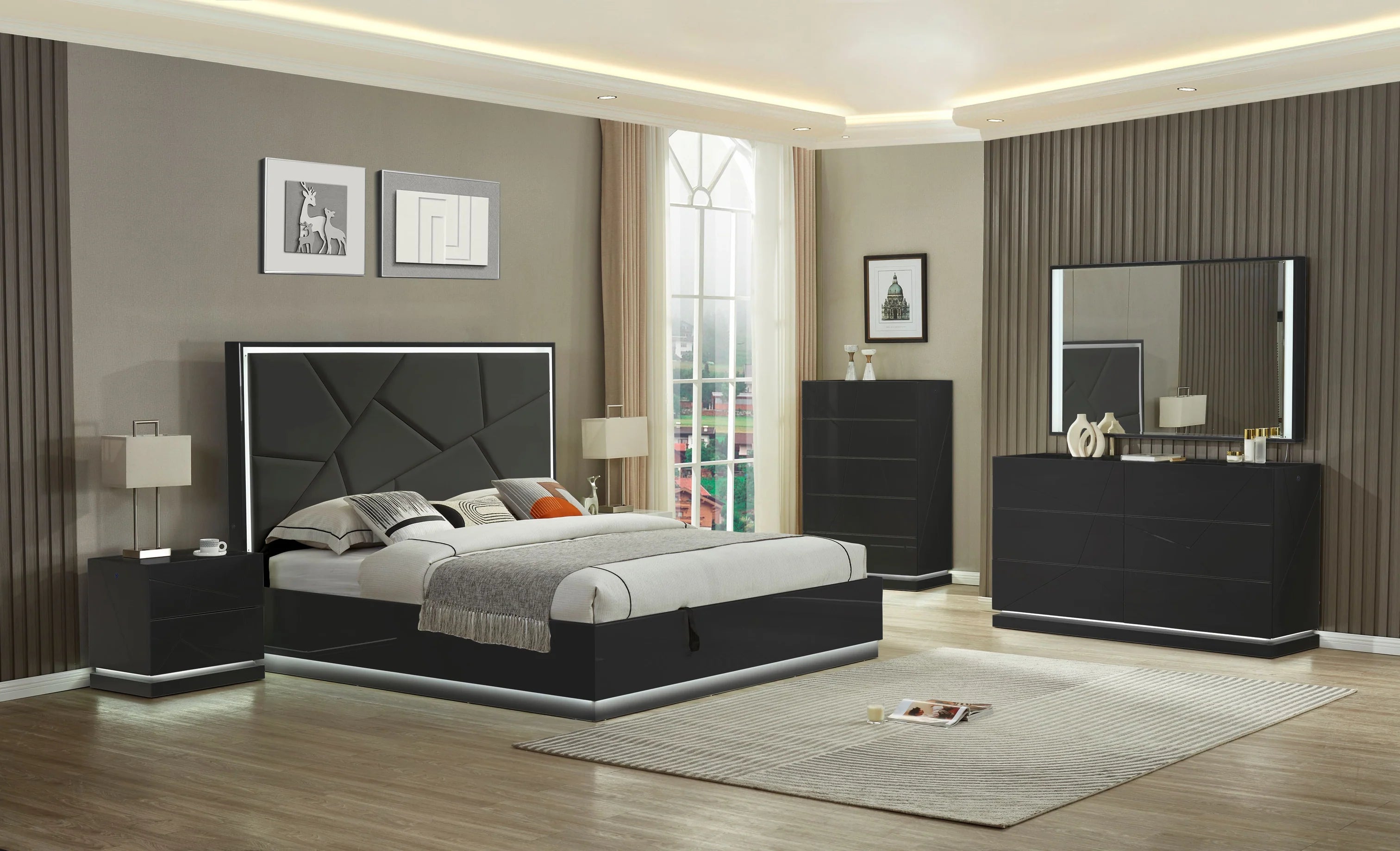 Black Glossy 8 Pcs BedroomSet