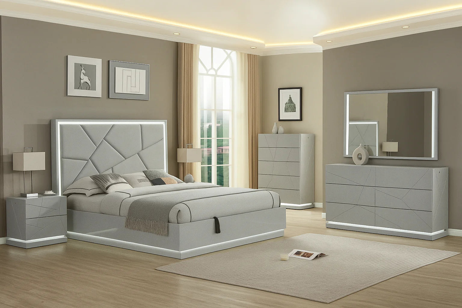 Grey Gloss 8 Pcs Bedroom Set