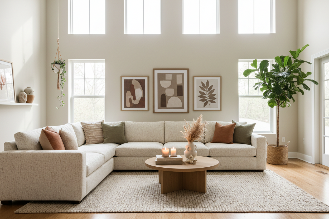 bright living room warm landscape showing sectional sofa and beautiful decorations 